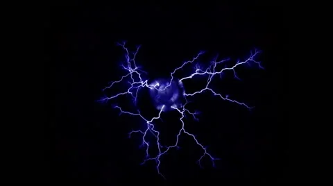 Overhead view of multiple blue electric arcs emanating from Tesla coil Stock Footage 59466782
