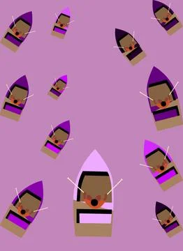 Overhead view of multiple rowboats, Minimalist vector pattern of colorful boa Stock Illustration