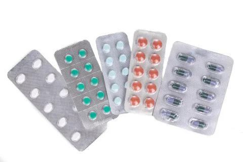 Overhead view of multiple strips of pills tablet, caplet, capsule. Medication Stock Photos