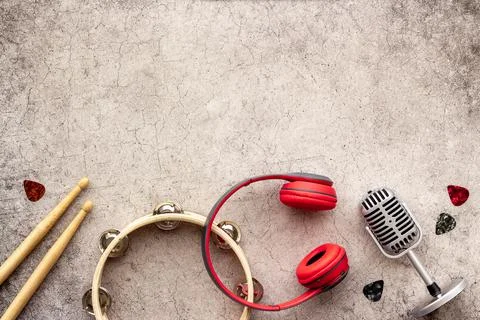 Overhead view of musical instruments on table Stock Photos