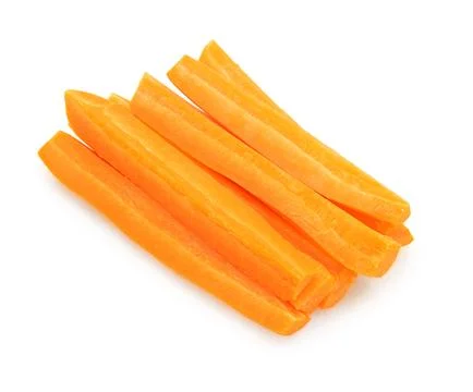 An overhead view of a neat stack of six long, peeled carrot sticks arranged.. Stock Photos