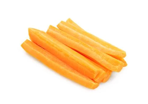 An overhead view of a neat stack of six long, peeled carrot sticks arranged.. Stock Photos