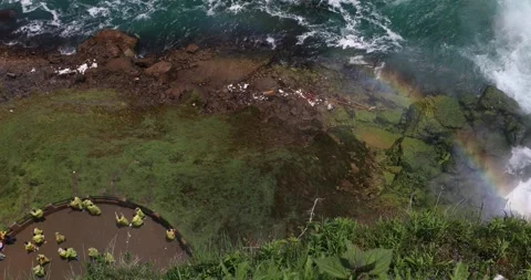 Overhead view of Niagara Falls deck, yellow ponchos and rainbow by the water. Stock Footage 320026292