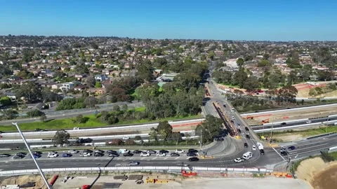 Overhead view of North East Link Bulleen interchange construction in Melbourn Stock Footage 282087337