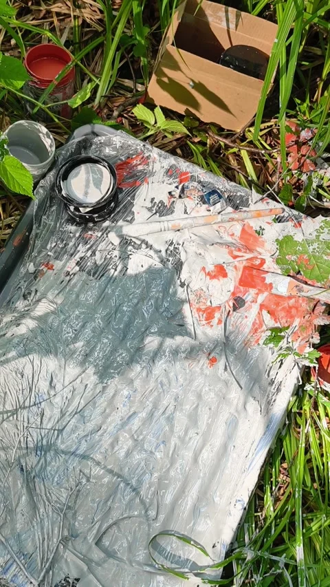 Overhead View of Paint Palette on Forest Floor With Mixed Colors and Tools Stock Footage 336614149