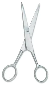 Overhead view of a pair of chrome scissors isolated on a white background wit Stock Photos