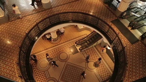 Overhead View of People in Ornate Atrium With Escalators, Sydney Shopping Mall Stock Footage 345741232