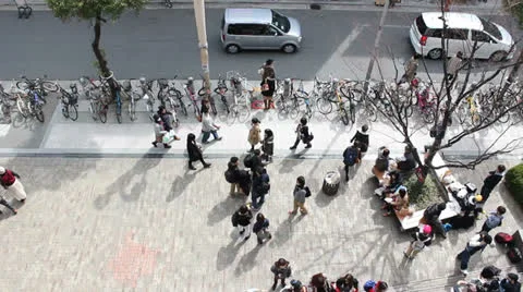 Overhead view of people on sidewalk in the busy Shinsaibashi shopping district Stock Footage 25683087