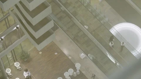 Overhead View of People Walking and Gathering in Modern Atrium With Glass Vidéo 334541585
