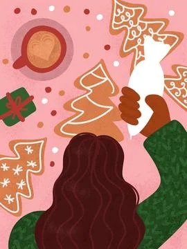 Overhead view of a person's hands decorating holiday gingerbread cookies. Fes Иллюстрация