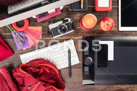 Overhead View Of Photo Editing Equipment; Graphic Tablet, Digital Tablet, Retro
