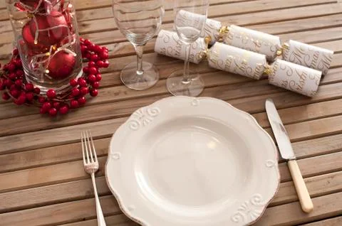 Overhead view of place setting with classic plate Stock Photos