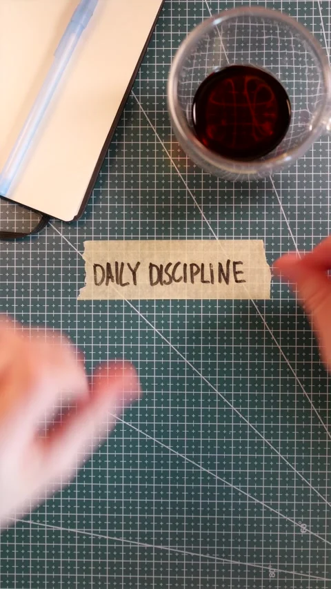Overhead view of placing DAILY DISCIPLINE tape sticker near coffee and journa Stock Footage 338183580