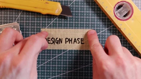 Overhead view of placing DESIGN PHASE tape sticker on green mat. Stock Footage 337816229