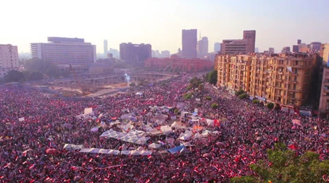 Overhead view as protestors jam Tahrir Square in Cairo, Egypt in the early Stock-Footage 34435480
