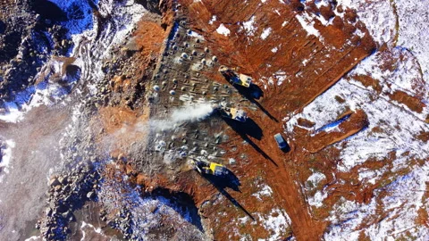 Overhead view of quarry drilling rig operation, Bulgaria Stock Footage 339011219
