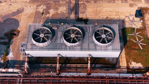 Overhead view of a rectangular industrial cooling tower unit. Stock Footage 340080268