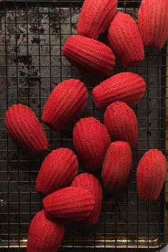 Overhead view of red madeleines cake or cookies on baking rack Stock Photos