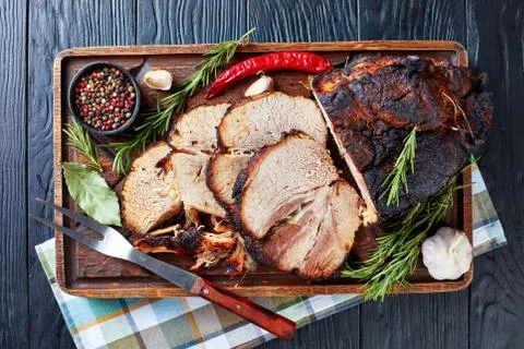 Overhead view of Roasted pork ham, flat lay Stock Photos