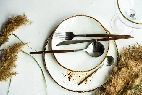 Overhead view of a rustic place setting on a table Stock Photos