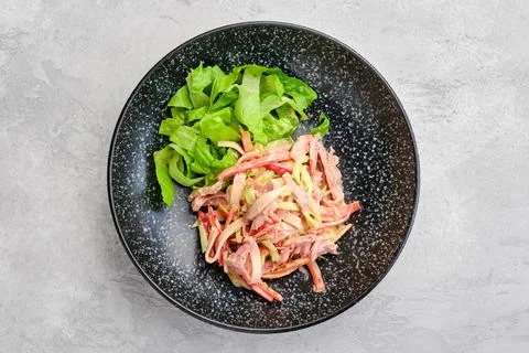 Overhead view of salad with pulled beef and vegetables Stock Photos