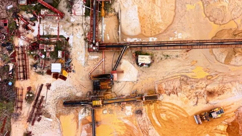 Overhead view of screening and crushing equipment at quarry yard, Bulgaria Stock Footage 336725531