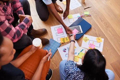 Overhead view of scrum team planning mobile app, development design UX Stock Photos