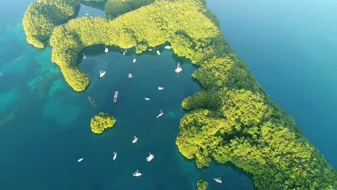 Overhead view of secluded coves in Palau Rock Islands Stock Footage 93376922