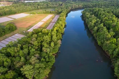 Overhead view of seeded fields protected by plastic along the Catawba River.. Stock Photos
