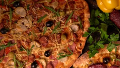 Overhead view of a selection of different pizzas Stock Footage 93915034