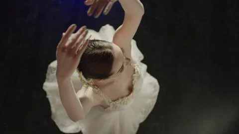 Overhead view of serious ballet dancer dancing in costume 스톡 사진
