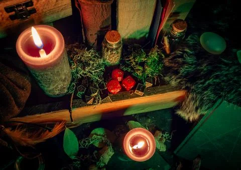 Overhead view of a set of dice in a witchcraft scene Stock Photos