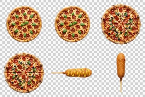 Overhead view of several pepperoni pizzas with fresh basil and classic corn.. Stock Photos