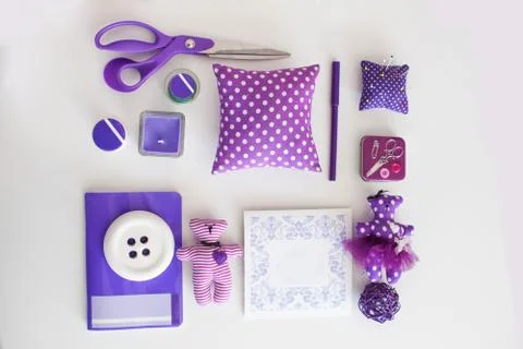 Overhead view of sewing tools and accessories Stock Photos