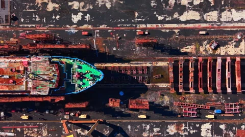 Overhead view of ship bow in shipyard dry dock, Bulgaria Stock Footage 343843634