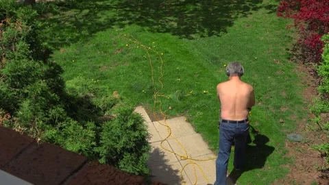 Overhead View of Shirtless Man Mowing Backyard Green Lawn Stock Footage 345008070