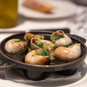 Overhead view shows escargot in shells with garlic herb butter served on bl.. Stock Photos