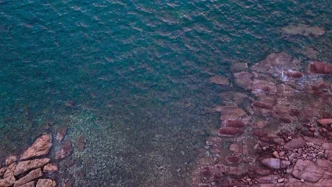 Overhead view of small paradisiac bay, tilt reveals offshore lighthouse, Vídeo Stock 221817008