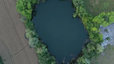 Overhead view of a small pond ringed by trees and farmland Vídeos de archivo 340159220