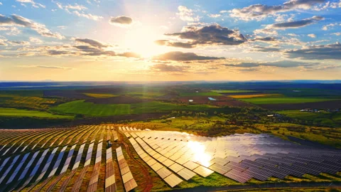 Overhead view of solar farm beneath rising sun, Bulgaria Stock-Footage 345152579