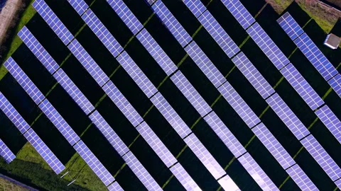 Overhead view of solar panel array in diagonal rows, Bulgaria Video stock 341756819