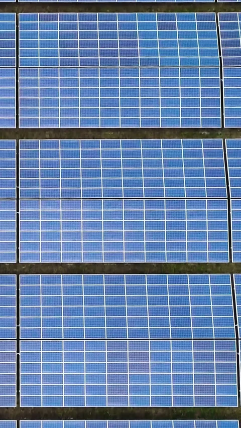 Overhead view of solar panels on green field, vertical video. Stock Footage 277989146