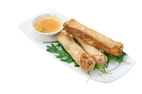 Overhead view on Spring roll with Spicy Sauce isolated on white Stock Photos