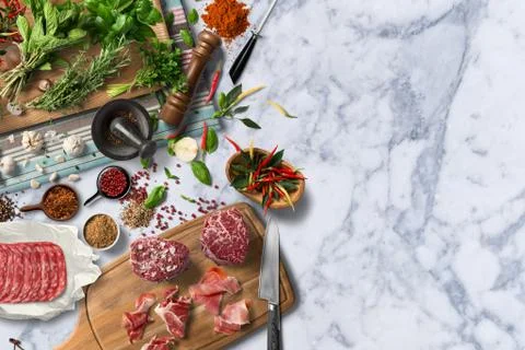 Overhead view steak on a rustic wooden counter in a dinner steakhouse Stock Illustration