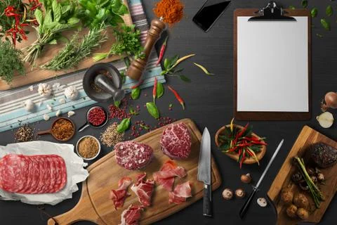 Overhead view steak on a rustic wooden counter in a dinner steakhouse Stock Illustration
