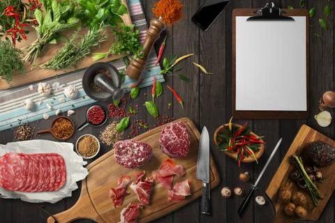 Overhead view steak on a rustic wooden counter in a dinner steakhouse Stock Illustration
