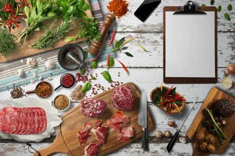 Overhead view steak on a rustic wooden counter in a dinner steakhouse Stock Illustration