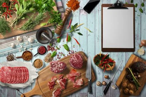 Overhead view steak on a rustic wooden counter in a dinner steakhouse Stock Illustration