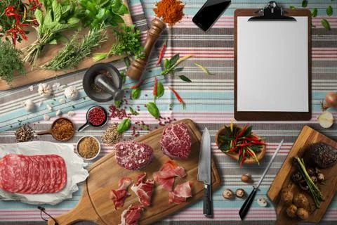 Overhead view steak on a rustic wooden counter in a dinner steakhouse Stock Illustration