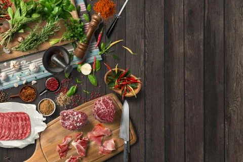 Overhead view steak on a rustic wooden counter in a dinner steakhouse Stock Illustration